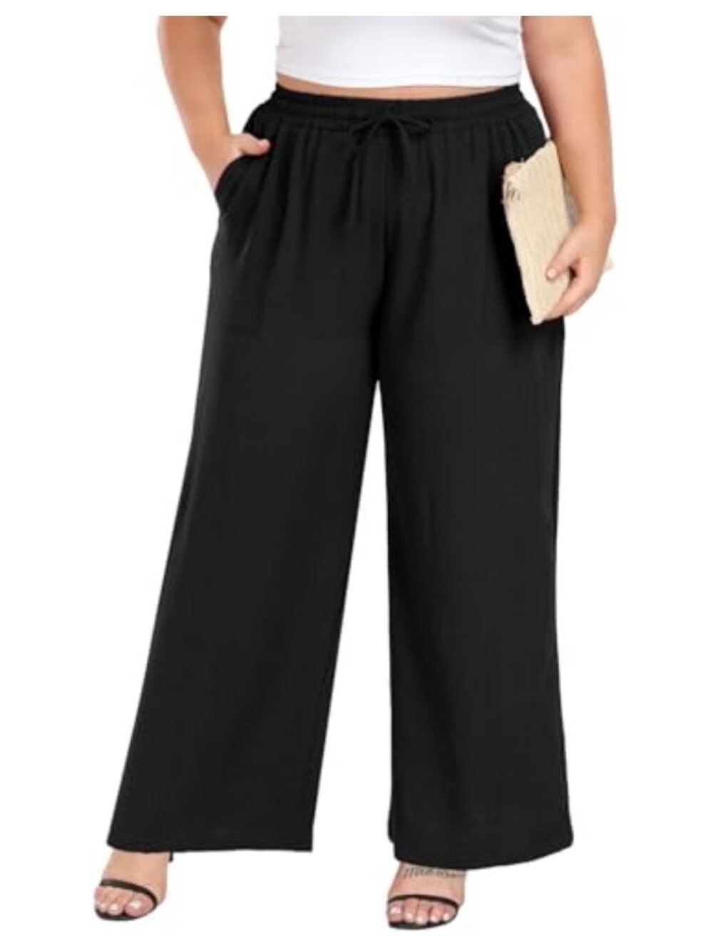 Plus Size Wide Leg Palazzo Pants High Waist Drawstring Pockets Woven Trousers